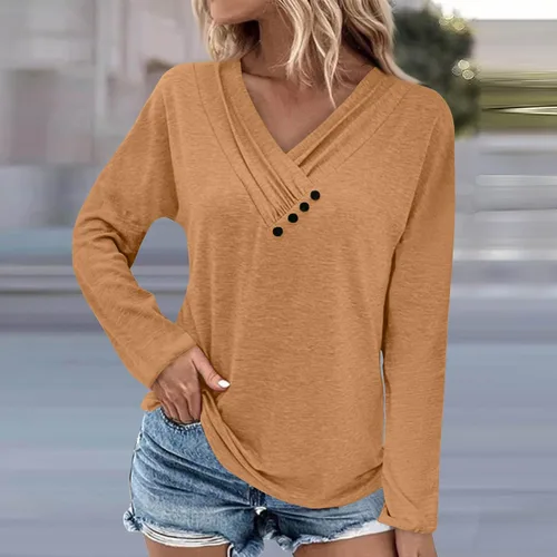 Vista 4 de Camiseta de manga larga con cuello en V y botones para mujer, con panel en el pecho, color liso, sin botones