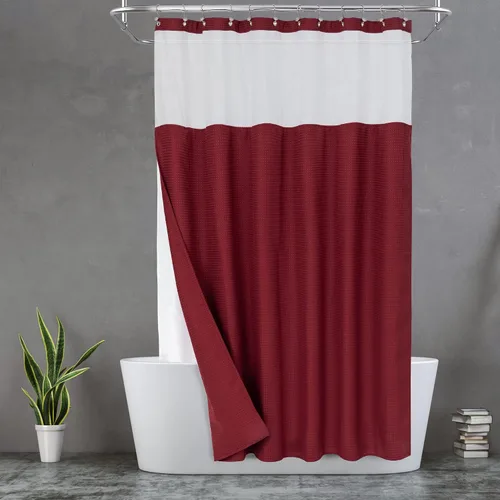 Vista 24 de N&Y HOME - Juego de cortina de ducha de punto gofre, forro de tela a presión y ganchos, para ducha pequeña, estilo hotel, ventana superior de malla