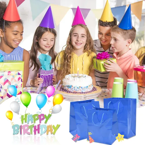 Vista 3 de FAiVICA 24 bolsas de regalo de papel azul brillante de alta calidad medianas (7 x 9 x 3.75 pulgadas), bolsas brillantes para recuerdos de fiesta