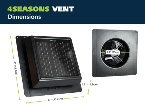 Vista 6 de Ventilador solar de ventilación 4SEASONS para ático – 400 CFM de flujo de aire, hasta 500 pies cuadrados, panel solar de 12 W, certificado CSA A93