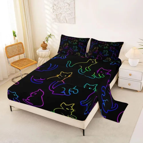Vista 23 de Feelyou Cat Bed Sheets Set Twin Size Halloween Themed Bed Set Trick or Treat Deep Pocket Fitted Sheet Scaredy Cat Breathable Soft Lightweight