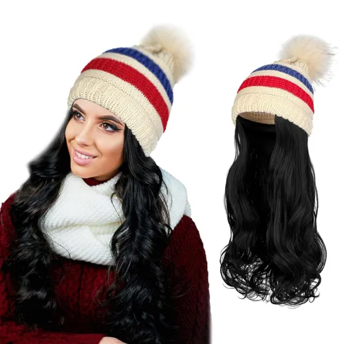 Vista 26 de AynnQueen - Gorro de invierno con extensiones de cabello desmontables para mujer.