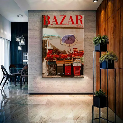 Vista 2 de Arte de pared de revista, impresión de pared de los años 70, arte de pared rojo, póster enmarcado de Bazaar Italia, arte psicodélico de verano