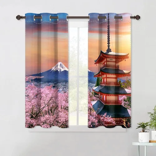 Vista 13 de Cortinas japonesas con pintura de tinta, monte Fuji, sol rojo, puesta de sol, hojas de bambú, cortinas de ventana para dormitorio, sala de estar
