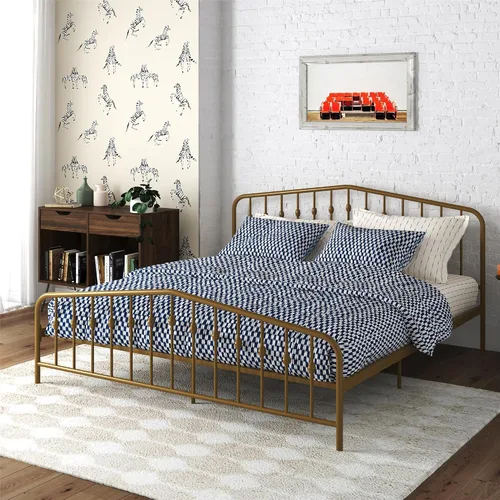 Vista 24 de Novogratz Bushwick - Marco de cama Queen de metal con cabecera ligeramente triangular, husillos insertados, base ajustable para almacenamiento,
