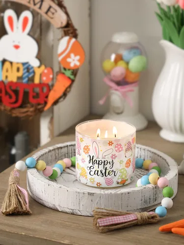 Vista 2 de Velas de conejo de Pascua, vela perfumada de jazmín de Pascua, 14 onzas, tarro grande de 3 mechas, regalo de velas de conejo de primavera