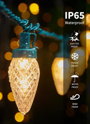 Vista 3 de Luces de Navidad C9 para exteriores, 114 pies, 150 luces LED C9 con temporizador y 8 modos de luz, luces impermeables de grado comercial conectables