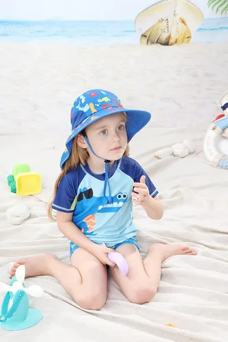 Vista 7 de LLmoway Sombrero de playa para niños y niñas, UPF50, sombrero de ala ancha con solapa para el cuello