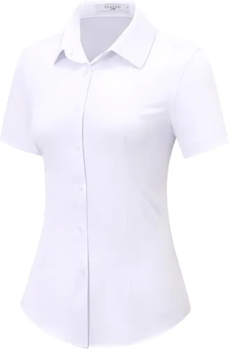Vista 11 de Camisas con botones para mujer, de manga corta, elásticas, sin arrugas, para negocios, casual, oficina, blusa de trabajo