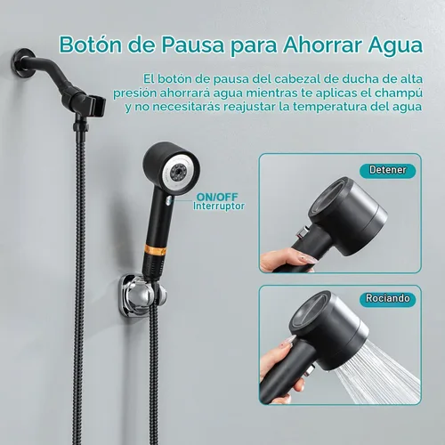 Vista 5 de Cabezal de ducha con mano, cabezal de ducha de alta presión con interruptor de pausa, 4 modos de pulverización, cabezal de ducha con manguera de 79