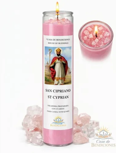 Vista 2 de SAN CIPRIANO Vela- Vela San Cipriano, Veladora Preparada con Cuarzos-Vela Fija con Cuarzo, Casa de Bendiciones- Casa de Bendiciones