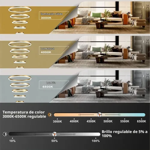 Vista 2 de Candelabro moderno dorado de 5 anillos regulable LED, altura ajustable para colgar en el techo para comedor cocina