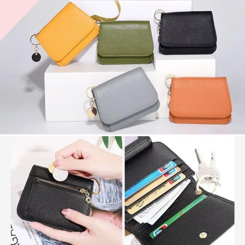 Vista 6 de Mudono - Billetera pequeña para mujer con bloqueo RFID, de cuero genuino, tarjetero, billetera delgada de tres pliegues con bolsillo con cremallera