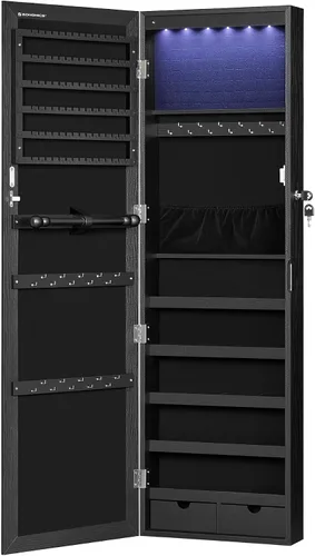 Vista 8 de Songmics - UJJC093B01 - Armario para joyas que se puede cerrar con llave, de montaje en pared o puerta, con espejo de 6 luces LED, para Negro