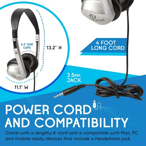 Vista 8 de Egghead Auriculares escolares estéreo con cojín de piel sintética (paquete de 20), negro/plateado