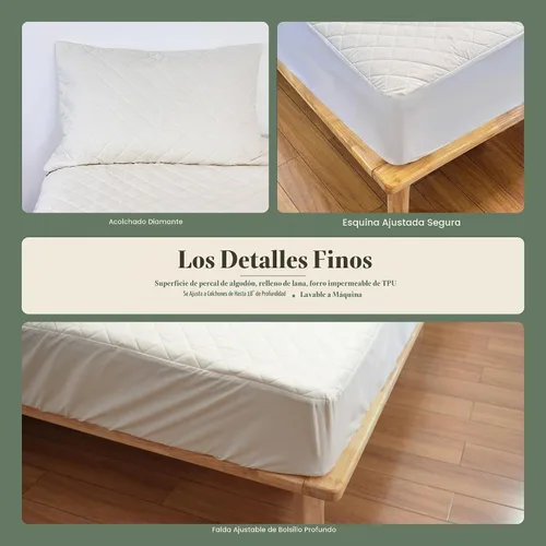 Vista 5 de Protector de colchón impermeable con relleno de lana lavable, parte superior de algodón natural, transpirable, regulador de temperatura, absorbe