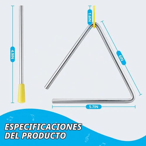 Vista 2 de TIPTAP Triángulo de percusión de mano, triángulo de acero musical de 6 pulgadas con golpeador, instrumento de percusión con sonido exquisito