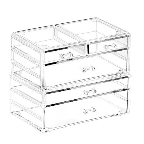 Vista 6 de Paquete de 2 cajones apilables de acrílico para encimera de baño, organizador transparente para cosméticos, organizador de joyas, accesorios