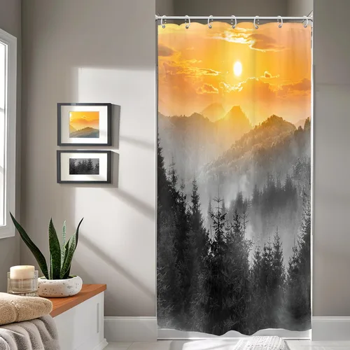 Vista 11 de Riyidecor - Cortina para ducha pequeña de montaña, 36 pulgadas de ancho x 72 pulgadas de alto, para RV, azul marino, con diseño de bosque nebuloso