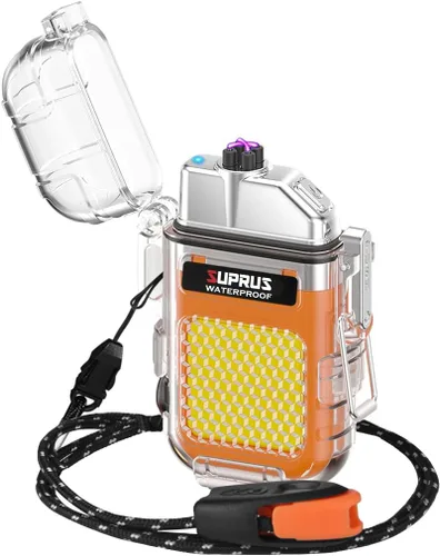 Vista 10 de SUPRUS Mechero impermeable de 3 modos de linterna, encendedor resistente al viento, eléctrico de arco doble recargable, encendedor de plasma de arco