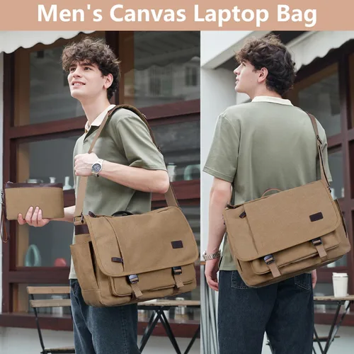 Vista 2 de NerIion Bolsa de Mensajero para Hombres de 17-17.3 Pulgadas, Bolsa de Laptop de Lona Resistente al Agua, Bolsa de Hombro, Maletín de Trabajo, Marrón
