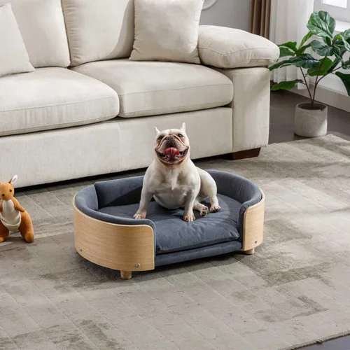 Vista 12 de Cama de terciopelo para perro, sofá para mascotas con patas de madera maciza y respaldo de madera doblada, cojín resistente a las manchas en varios