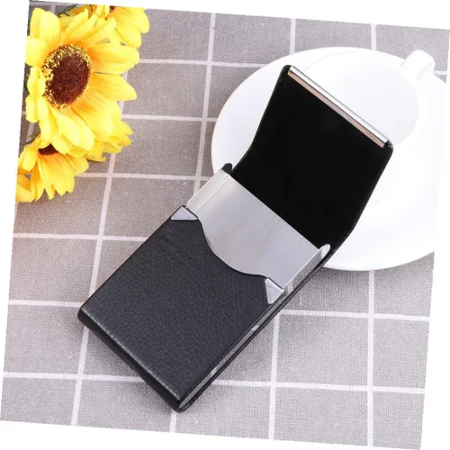 Vista 6 de Operitacx Titular vertical de cuero PU acero moda sección portador tarjeta exquisita negro capacidad metal unisex negocios bolsillo caso visita