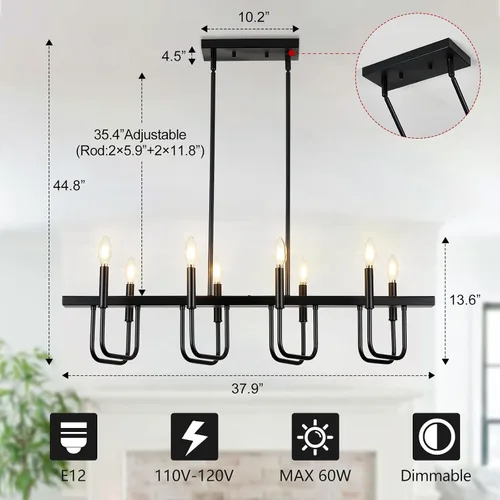 Vista 4 de Lámparas rectangulares para comedor sobre la mesa, candelabros modernos de estilo granja para comedor, candelabro lineal negro de 8 luces, luces