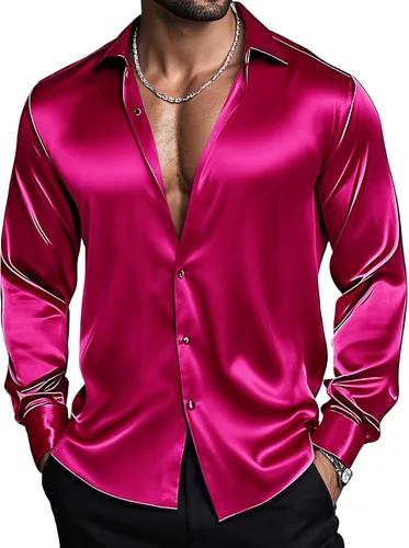 Vista 9 de Barry.Wang Camisas de discoteca de los años 70 para hombre, camisas beige B