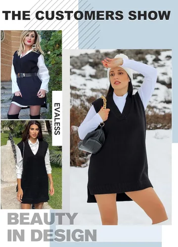 Vista 5 de EVLAESS - Chaleco de gran tamaño para mujer, cuello en V, sin mangas, color sólido, suéter suelto