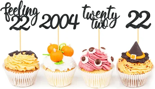 Vista 4 de 24 adornos para cupcakes Feeling 22, decoraciones de pastel de cumpleaños de veintidós Black2