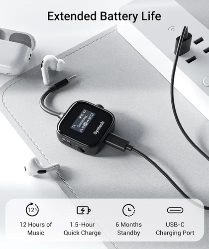 Vista 12 de Syntech Transmisor Bluetooth de avión 5.4 para 2 auriculares, pantalla HD Negro