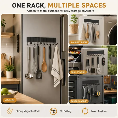 Vista 7 de 2 soportes magnéticos para llaves para refrigerador con 10 ganchos, soporte magnético para utensilios para pared, organizador de ganchos colgadores