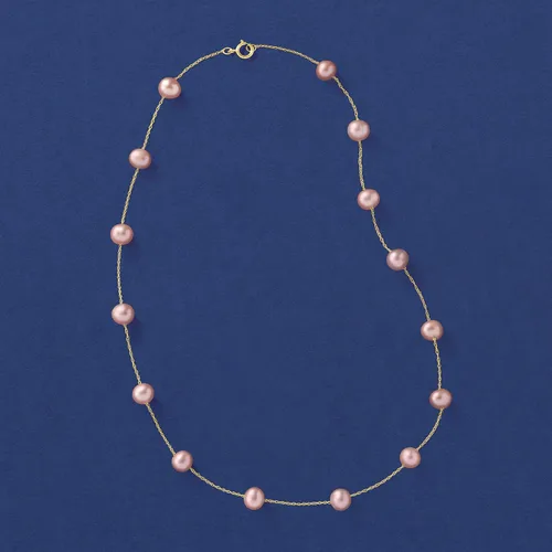 Vista 4 de Ross-Simons 6-6.5mm Pink Cultured Pearl Station Necklace in 14kt Yellow Gold