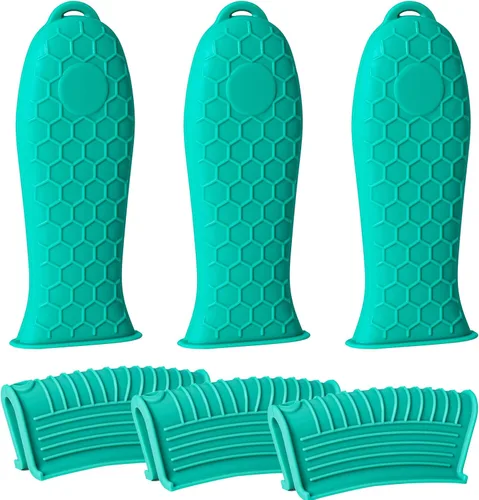 Vista 8 de Joyhalo Paquete de 6 soportes para ollas color caqui Khaki, Heat Resistant, Silicone Pot Handle Sleeve Covers, for Cast Iron Skillet, Pots and