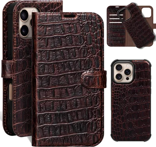 Vista 12 de Funda de cuero compatible con iPhone 16 Pro Max Cartera 6.9", cuero genuino 2 en 1, magnética, desmontable, a prueba de golpes, funda tipo folio