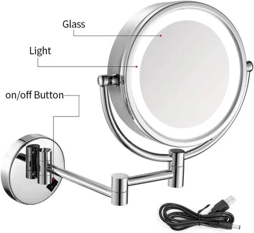 Vista 5 de Wall Mounted Lighted Vanity Mirror 8 Inch 1X/10X Magnifying Makeup Mirror Bathroom Magnifying Mirror Double Sided Swivel, Shaving Mirror Chrome