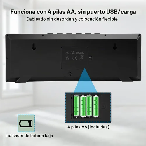 Vista 6 de Reloj de pared digital grande de 14.5 pulgadas, funciona con pilas con números gigantes, DST automático, día, fecha, alarma, temperatura para sala