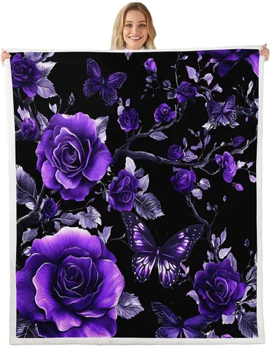 Vista 18 de Manta de franela azul rosa para todas las estaciones, manta de cama gótica de mariposa para decoración del hogar kawaii, manta rústica con flores