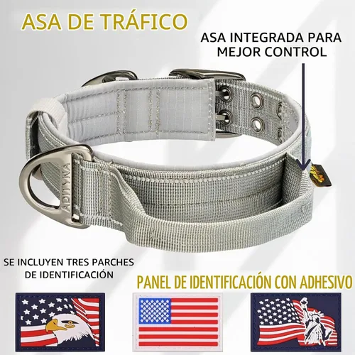 Vista 3 de ADITYNA Collar de perro resistente para perros grandes, collar gris reflectante con asa para entrenar y caminar, ancho, grueso, táctico, acolchado