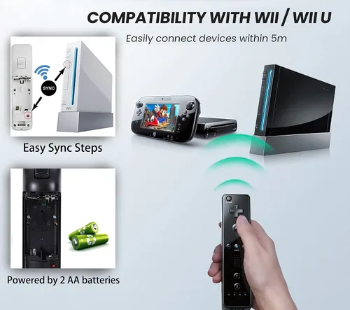 Vista 5 de PGYFDAL 2 Packs Classic Remote Controller Compatible for Wii Wii U Console, Gamepad with Soft Silicone Sleeve and Wrist Strap (Black and Pink)