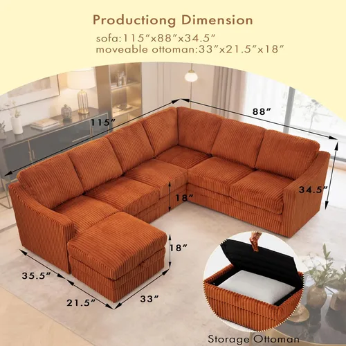 Vista 3 de Sofá modular de pana de 115 pulgadas con otomana de almacenamiento Naranja