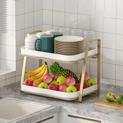Vista 2 de Organizador de encimera de 2 niveles, bandeja blanca, estante seco con bandeja de drenaje, almacenamiento de cocina de metal, estante organizador
