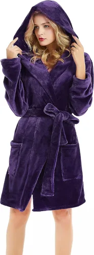 Vista 16 de U2SKIIN Bata de Forro Polar con Capucha para Mujer, Batas de Felpa de Pelo Corto para Mujeres con Capucha Suave y Cálida Bata de Baño para Spa