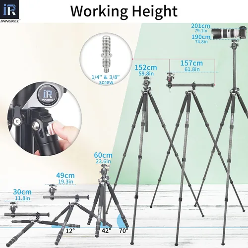 Vista 6 de Cámara de fibra de carbono Horizontal Tripod-INNOREL HT284C con columna central giratoria de 360 grados y cabezal de bola central de baja gravedad