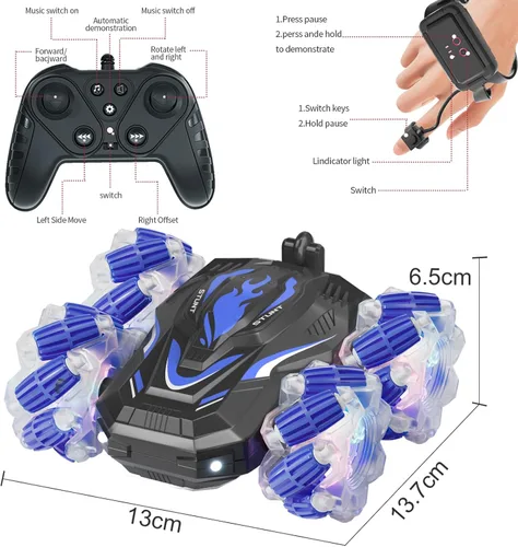 Vista 5 de Nuevo coche acrobático RC con detección de gestos con luces y música, coche de control remoto por gesto de mano que gira 360° controlado por ambos