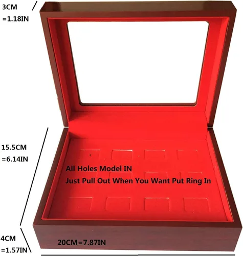 Vista 4 de JunningGor 12 Agujeros Campeonato Big Heavy Ring Display Case Joyero de madera Terciopelo Rojo Interior (Rojo)