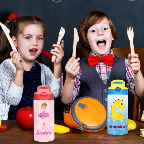 Vista 9 de Botellas de agua personalizadas de bailarina de regalo para niños, 20 onzas con nombre y pajita, tazas de acero inoxidable aisladas de acero