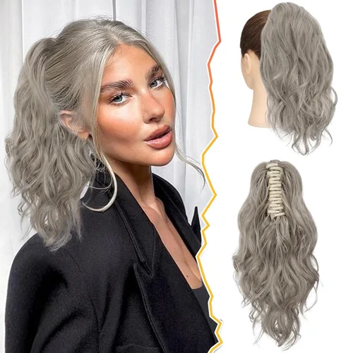 Vista 14 de BARSDAR Extensiones de cola de caballo con clip de garra, extensiones de cabello corto ondulado negro de 14 pulgadas para mujer, extensiones