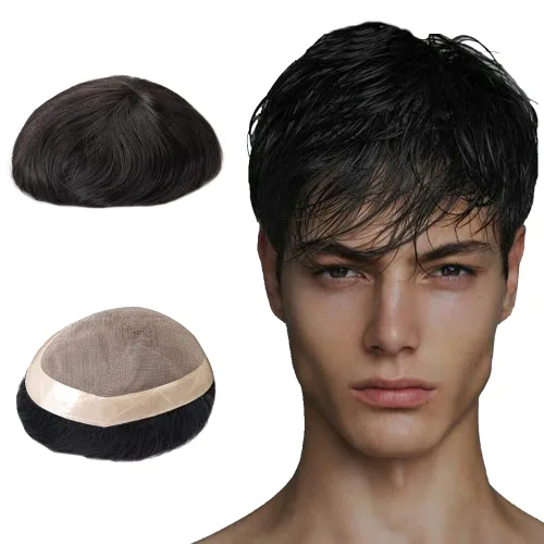 Vista 4 de Lordhair Sistema de cabello para hombres cabello humano real sistema de cabello para hombre fino mono con base de PU para hombre tupé negro 1B # 6 *